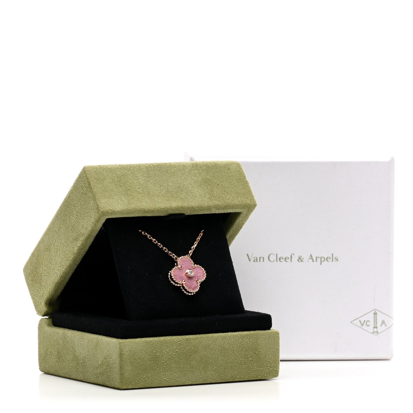 18K Rose Gold Diamond Rhodonite Vintage Alhambra Pendant Necklace