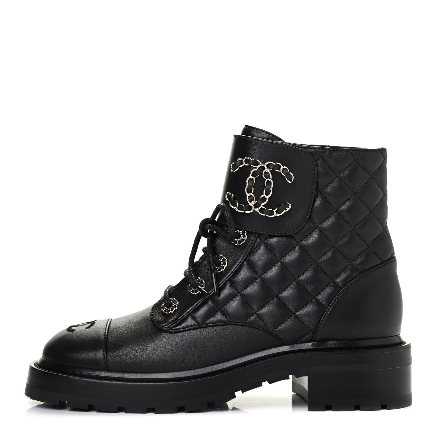 Shiny Lambskin Quilted Lace Up Combat Boots 38 Black