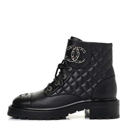 Chanel Shiny Lambskin Quilted Lace Up Combat Boots 38 Black 1 of 10
