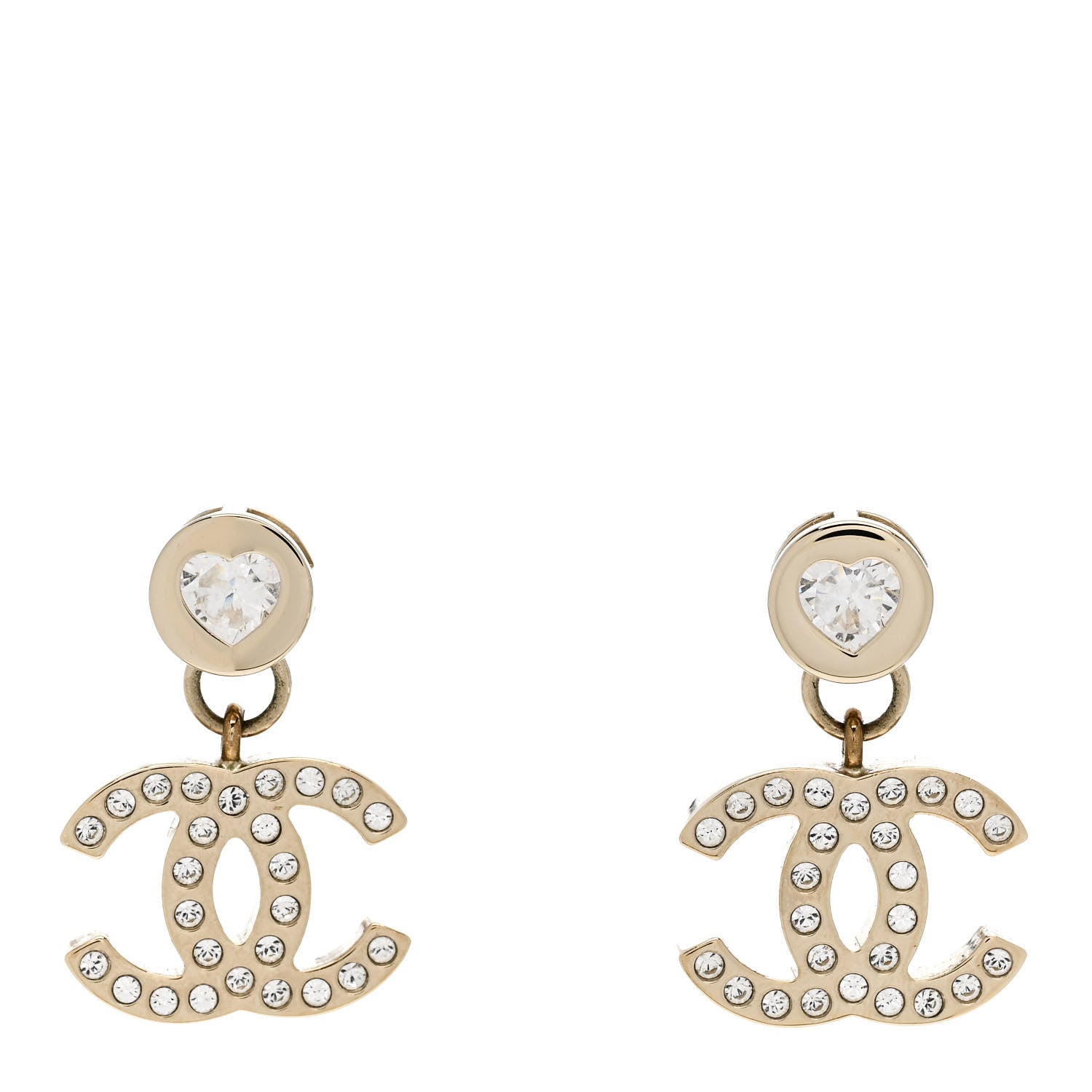 Chanel Crystal CC Heart Drop Earrings Gold 1 of 5