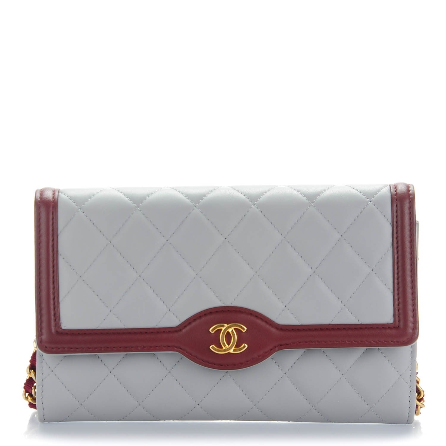 Chanel Lambskin Quilted Wallet With Removable Chain Grey Burgundy 1 of 9