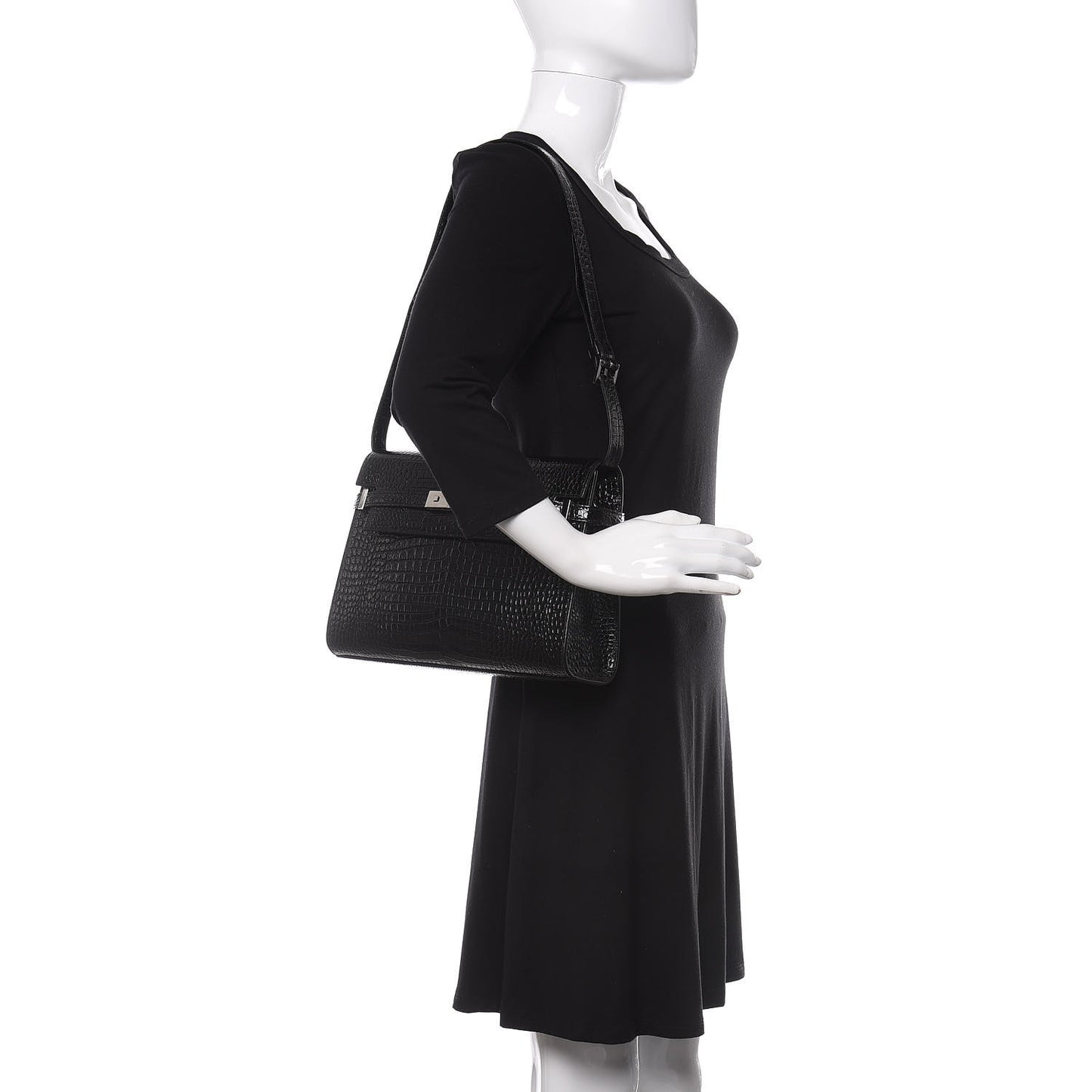 Shiny Calfskin Crocodile Embossed Manhattan Baguette Black