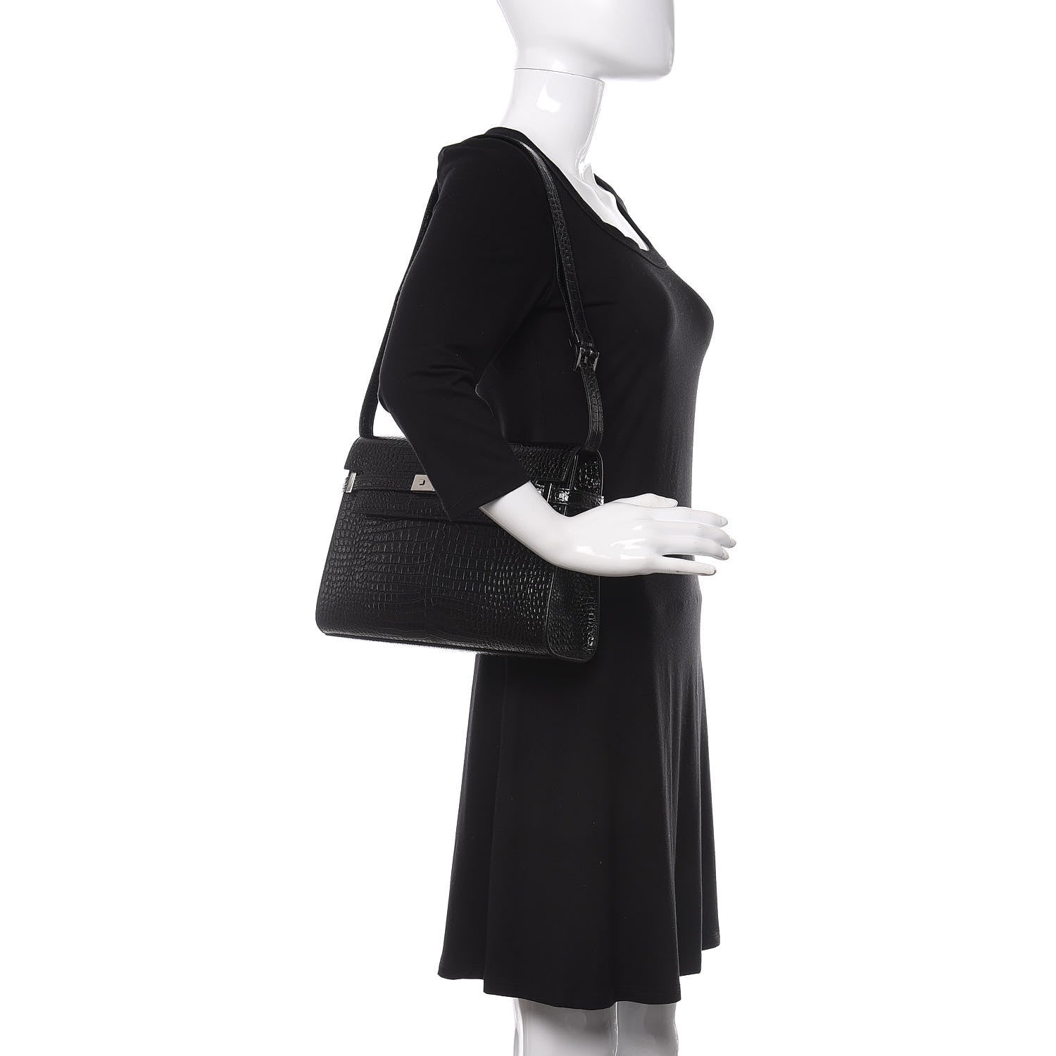 Saint Laurent Shiny Calfskin Crocodile Embossed Manhattan Baguette Black 2 of 9