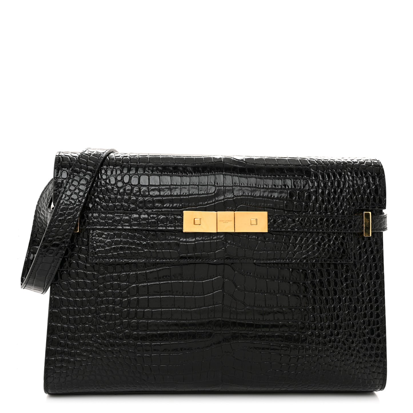 Shiny Calfskin Crocodile Embossed Manhattan Baguette Black