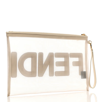 Fendi Mesh Vitello King Logo Embroidered Large Flat Pouch Sabbia White Ice 3 of 8