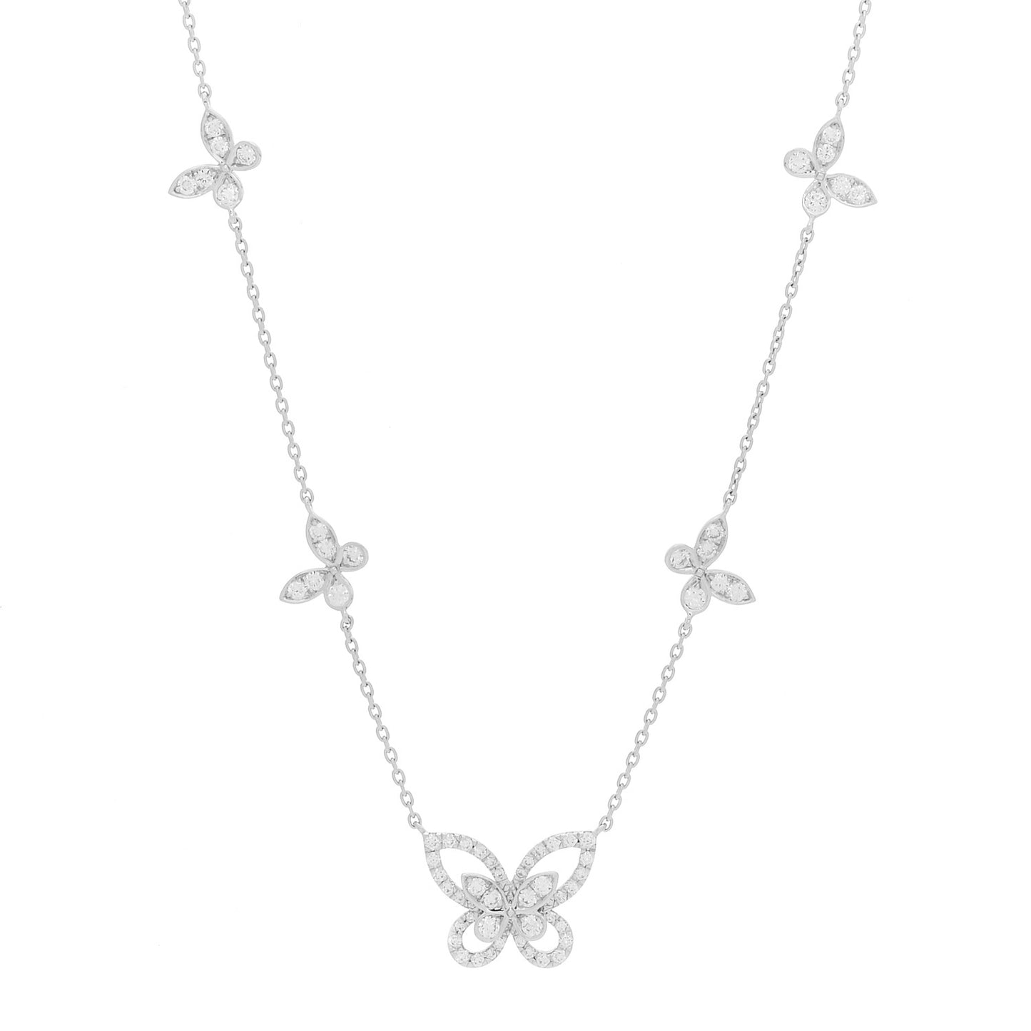 18K White Gold Diamond Multi Butterfly Silhouette Pendant Necklace