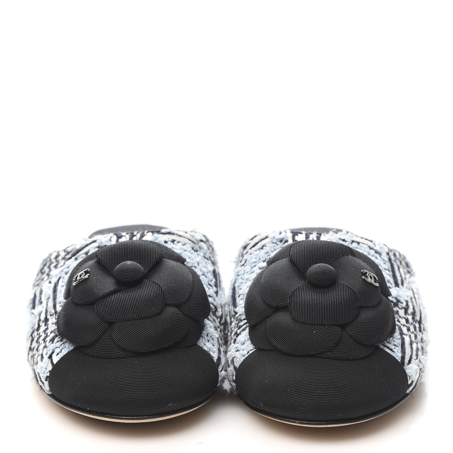 Chanel Tweed Grosgrain Camellia CC Flats 37.5 Light Blue Black 2 of 8