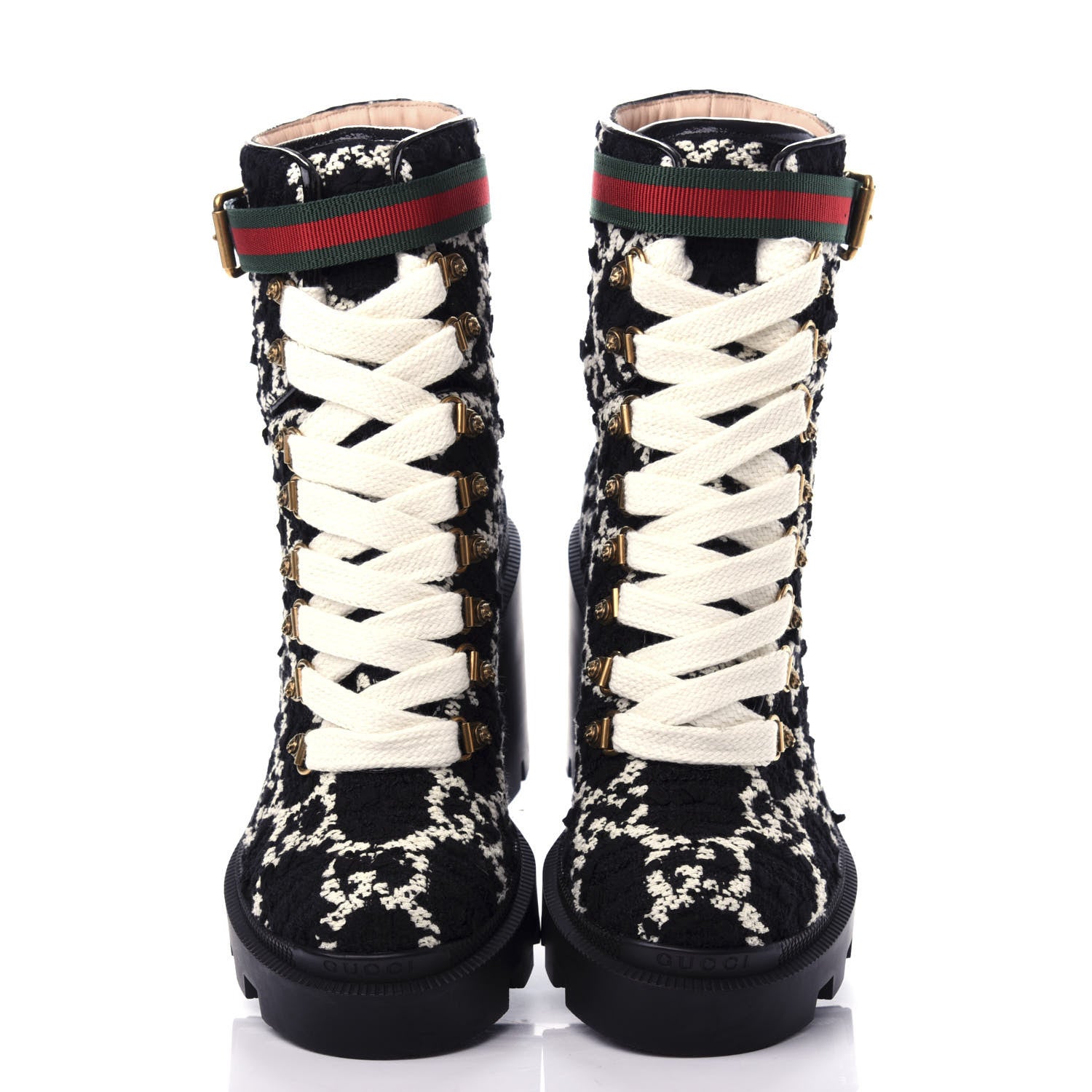 Gucci Tweed GG Monogram Lace Up Combat Ankle Boots 35.5 Black 5 of 9