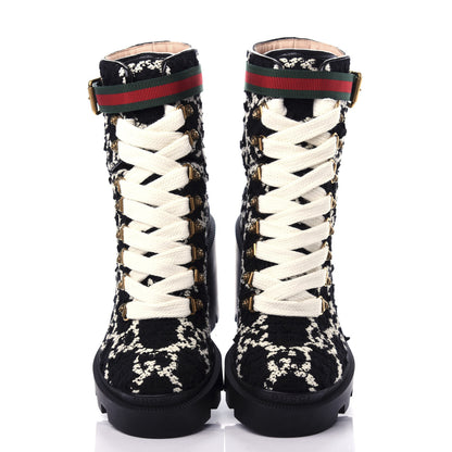 Gucci Tweed GG Monogram Lace Up Combat Ankle Boots 35.5 Black 5 of 9
