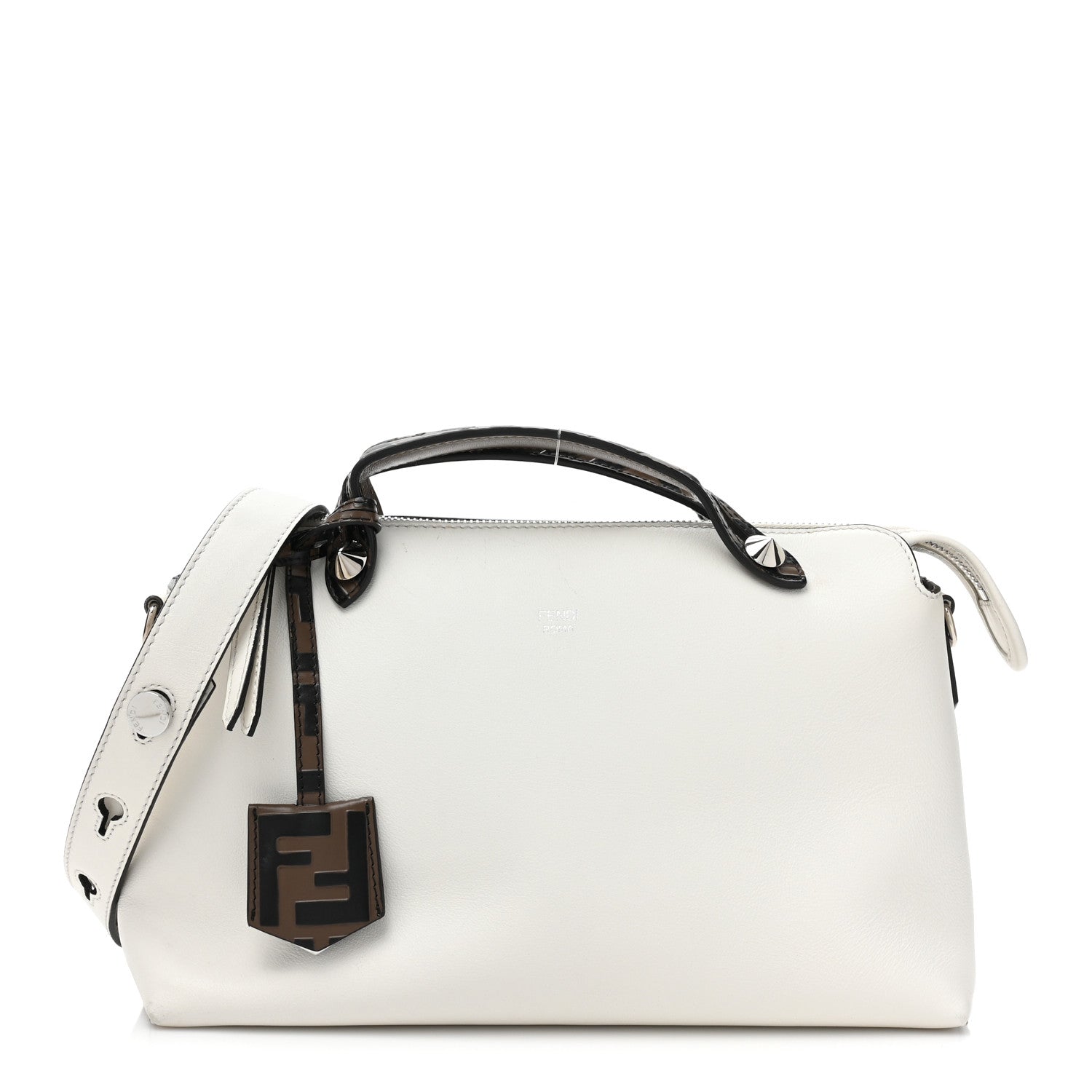 Fendi Vitello Dolce Bi-Color FF 1974 Embossed Medium By The Way Boston Bag White Ice Maya Black 1 of 16