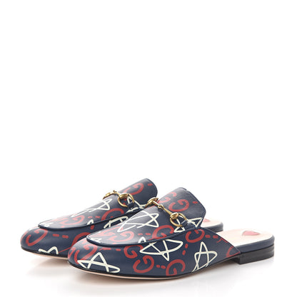 Gucci Calfskin GucciGhost Print Womens Princetown Slippers 40 Blue Agata Hibiscus Red 3 of 7