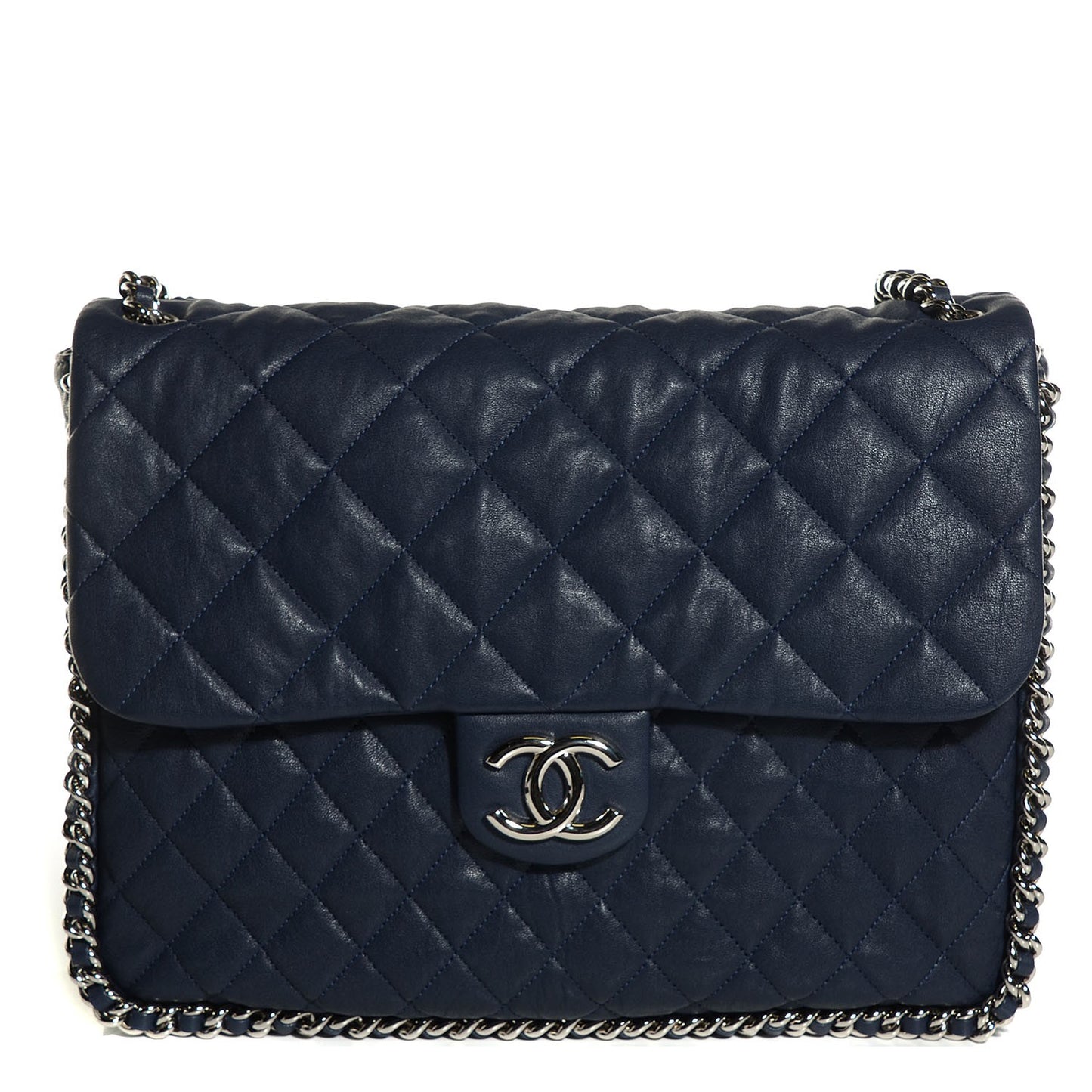 Washed Lambskin Quilted Chain Around Maxi Flap Dark Navy Blue