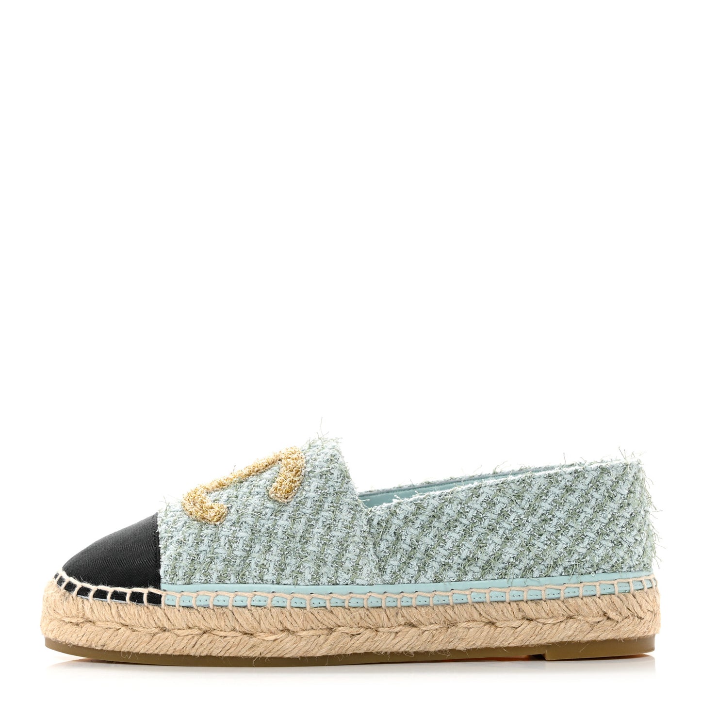 Tweed Grosgrain CC Espadrilles 37 Light Blue Green Black