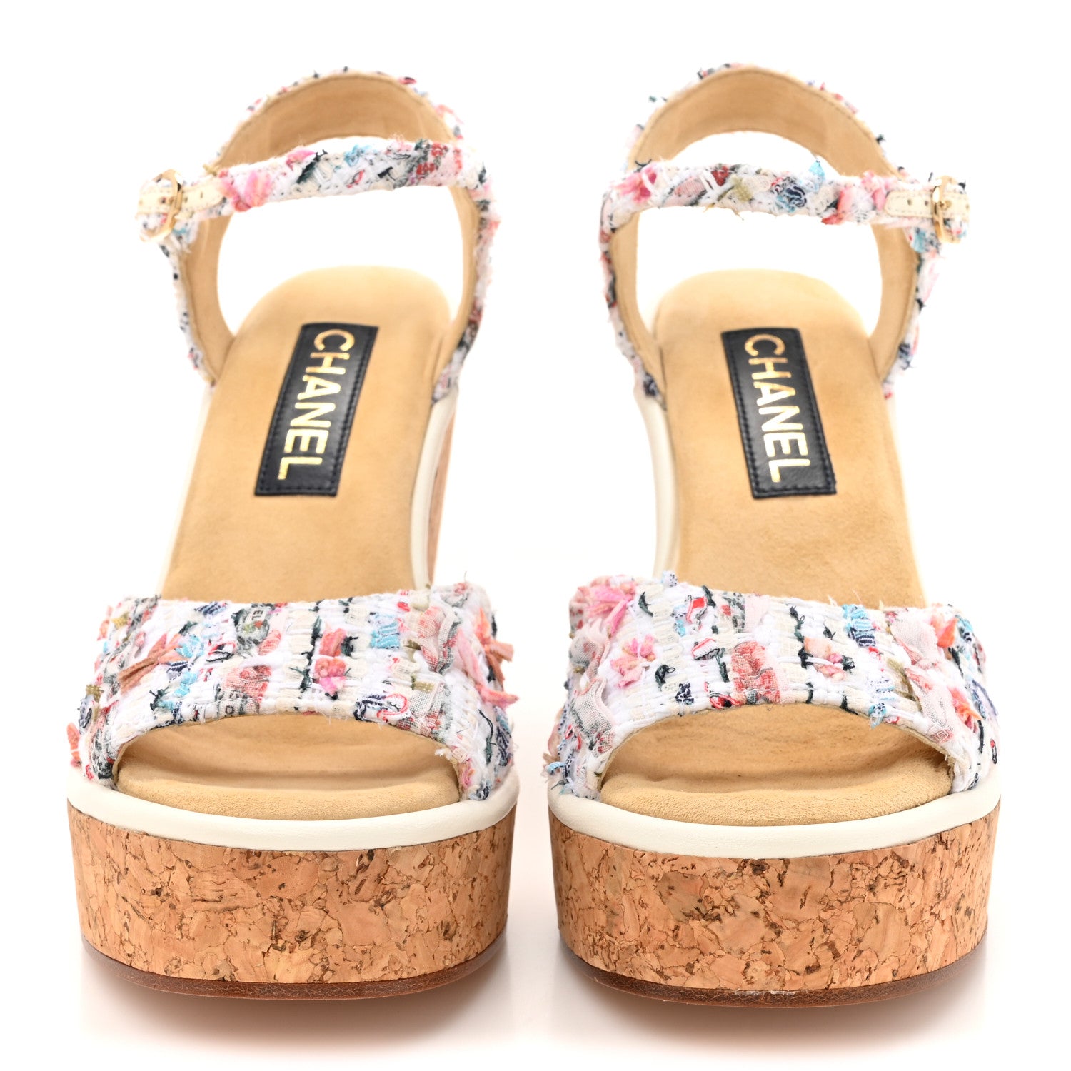 Chanel Tweed Cork CC Wedge Sandals 38.5 Ecru Pink Blue Green 3 of 10
