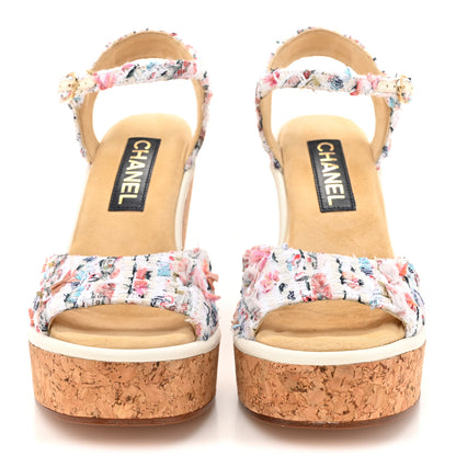 Chanel Tweed Cork CC Wedge Sandals 38.5 Ecru Pink Blue Green 3 of 10
