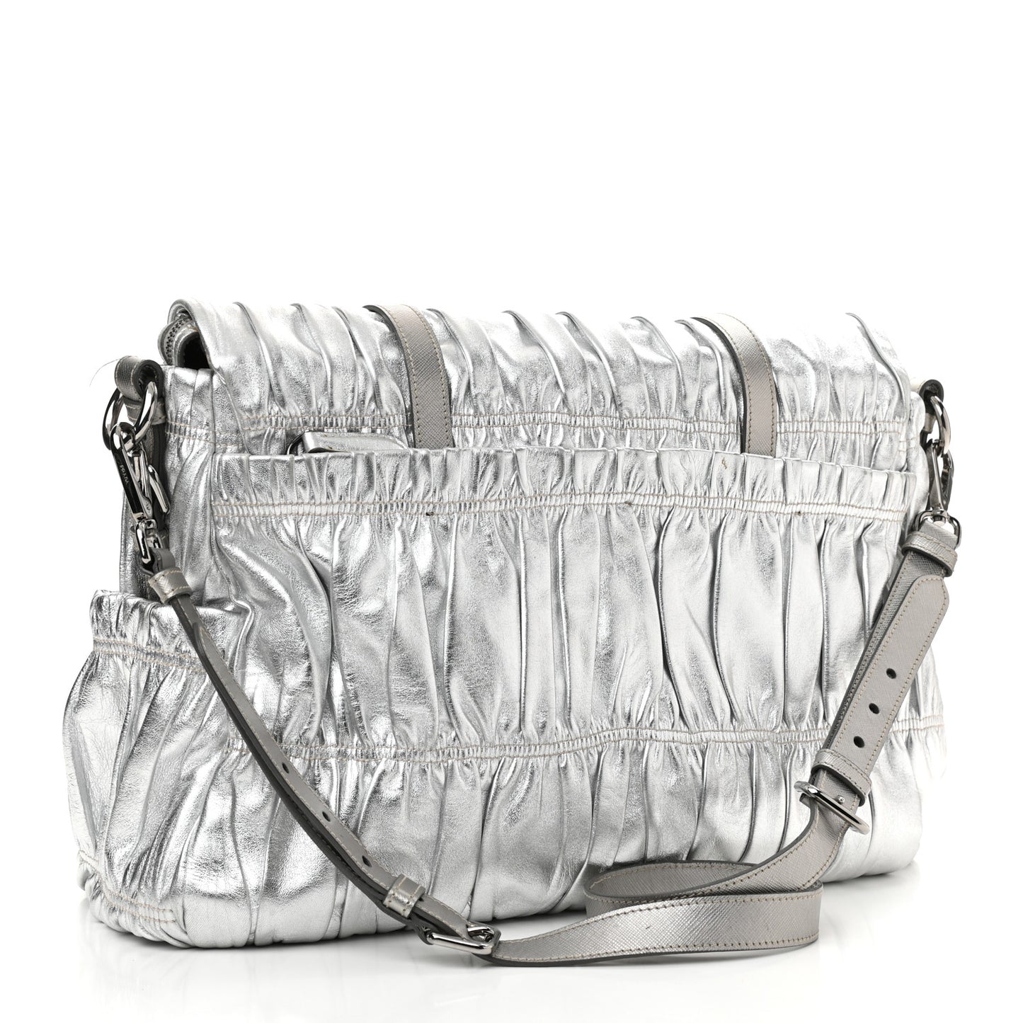 Metallic Nappa Gaufre Messenger Tote Silver