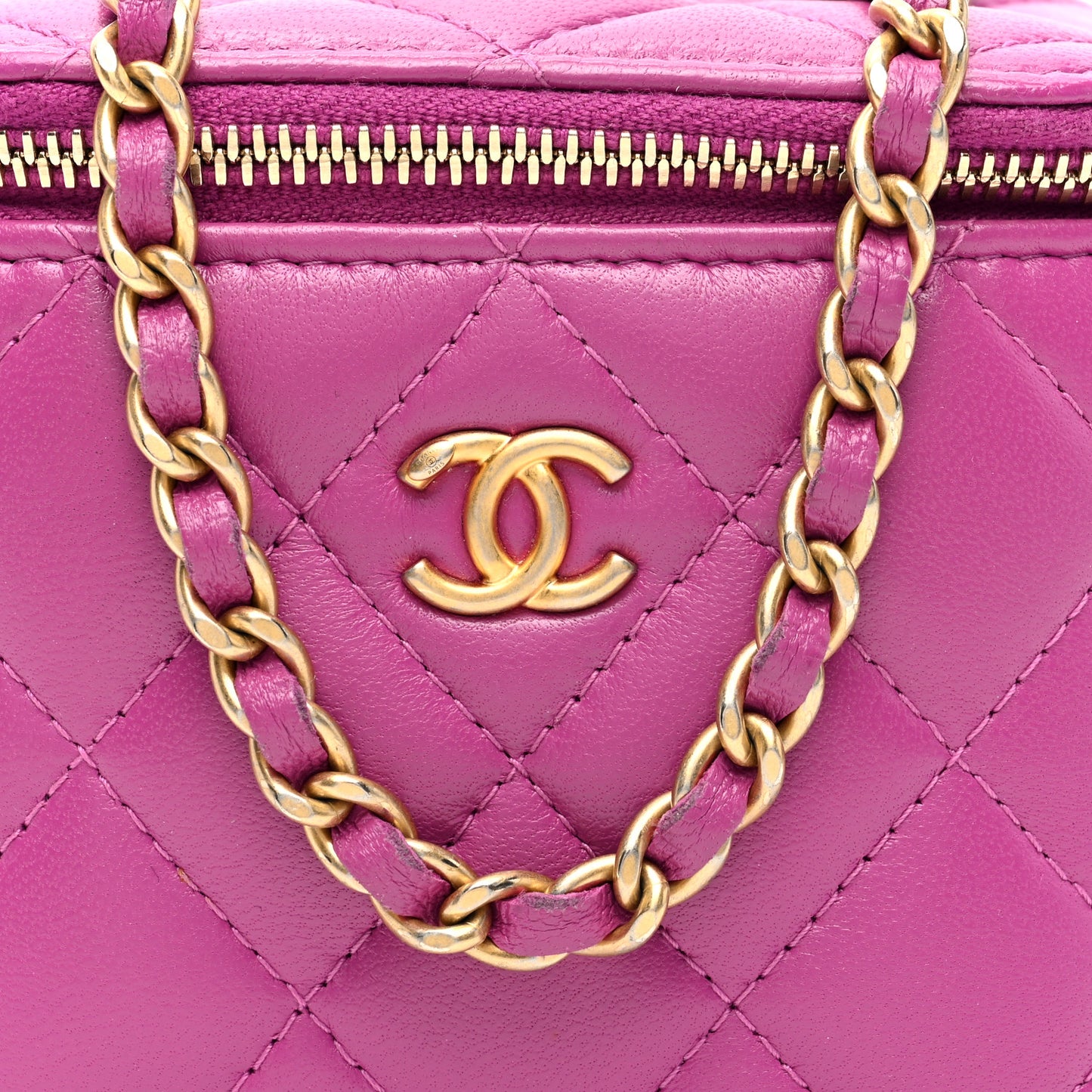 Lambskin Quilted Pearl Crush Mini Vanity Case With Chain  Purple