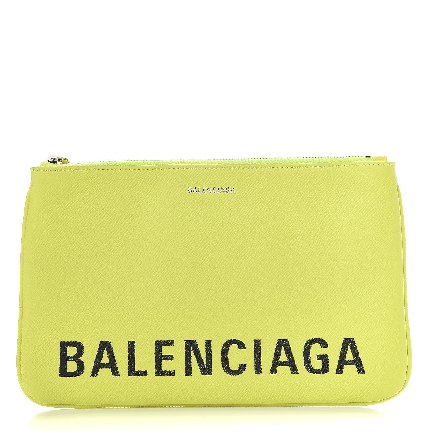 Balenciaga Grained Calfskin Logo Ville Zip Pouch M Acid Green Black 1 of 9