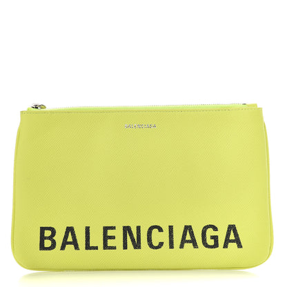Balenciaga Grained Calfskin Logo Ville Zip Pouch M Acid Green Black 1 of 9