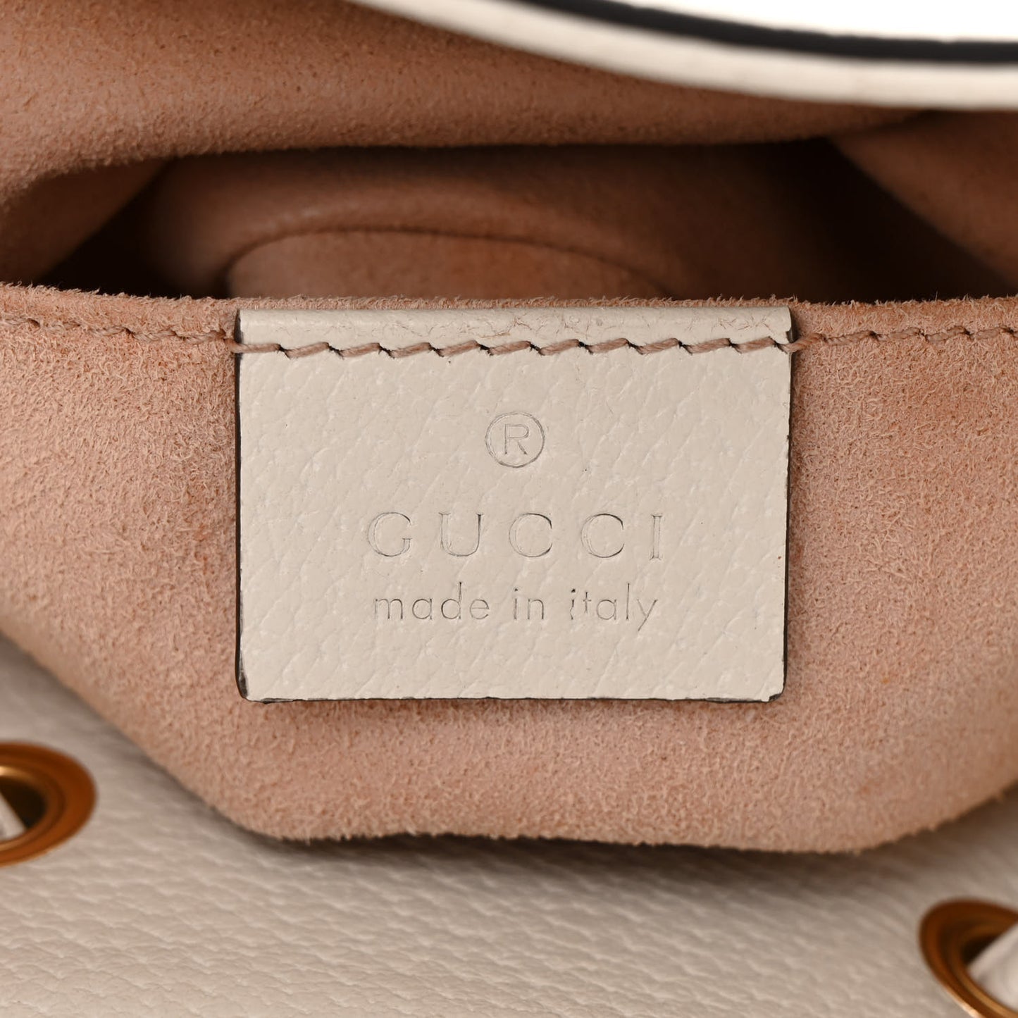 Glazed Textured Calfskin Web Small Ophidia Bucket Bag Mystic White