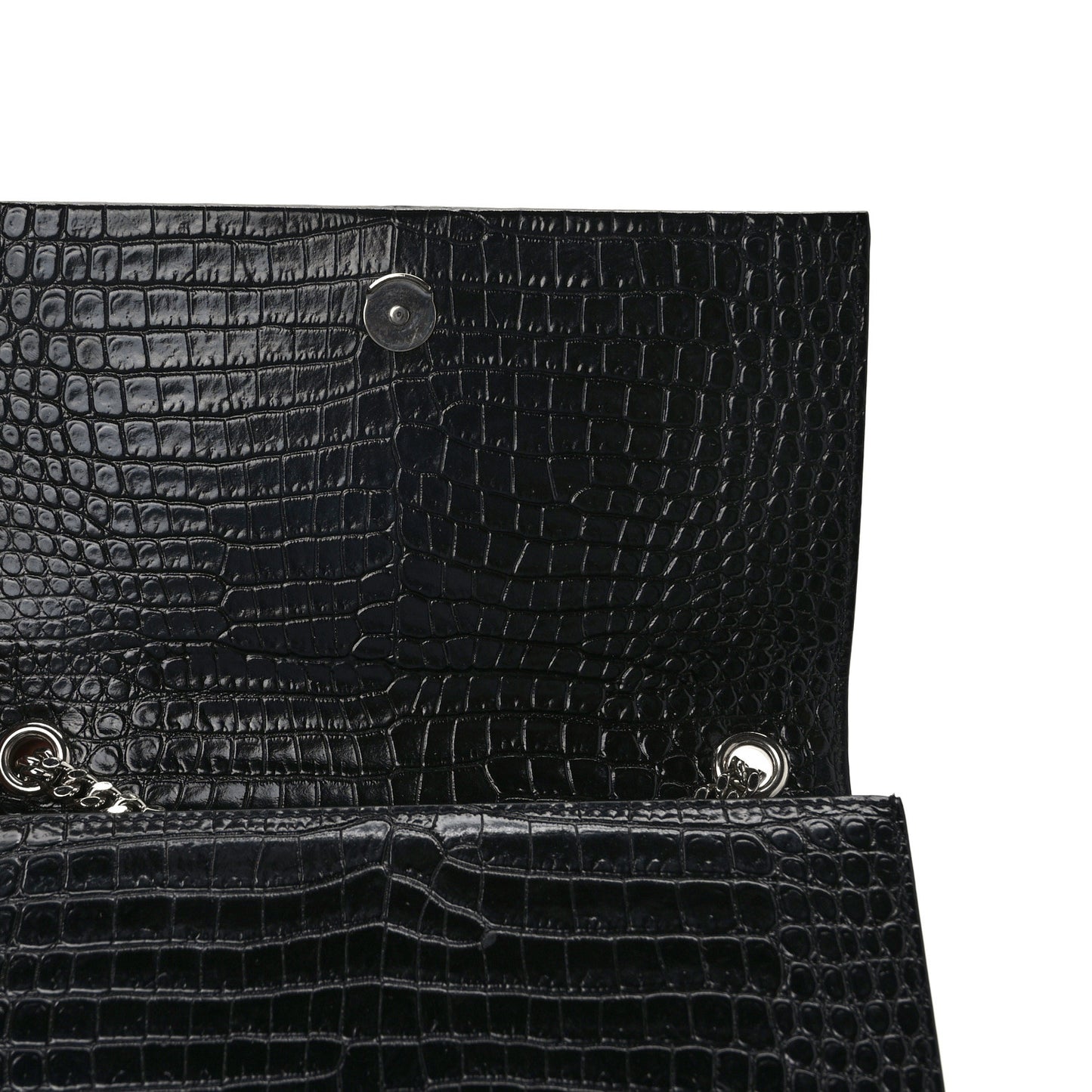 SAINT LAURENT Calfskin Crocodile Embossed Small Classic Monogram Kate Tassel Satchel Black