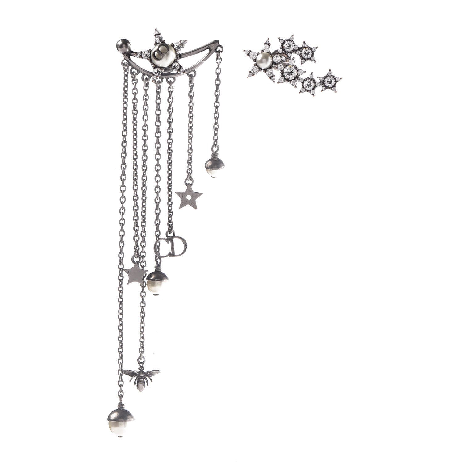 Christian Dior Crystal Pearl Dangle Chain Earrings Silver 1 of 3
