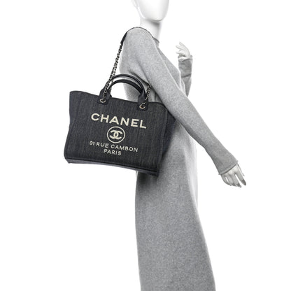 Chanel Denim Small Deauville Tote Dark Blue White 2 of 12