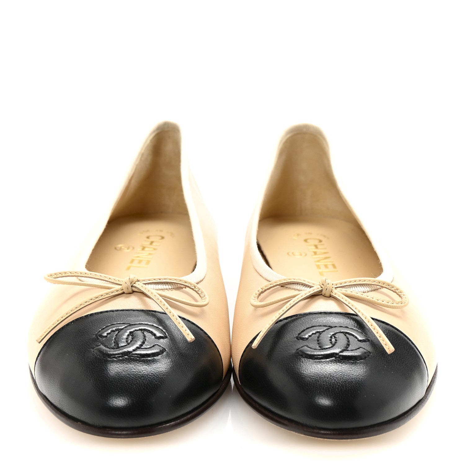Chanel Lambskin Cap Toe CC Ballerina Flats 39.5 Beige Black 3 of 9