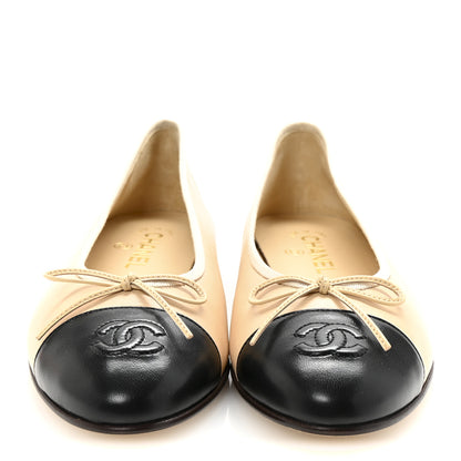 Chanel Lambskin Cap Toe CC Ballerina Flats 39.5 Beige Black 3 of 9