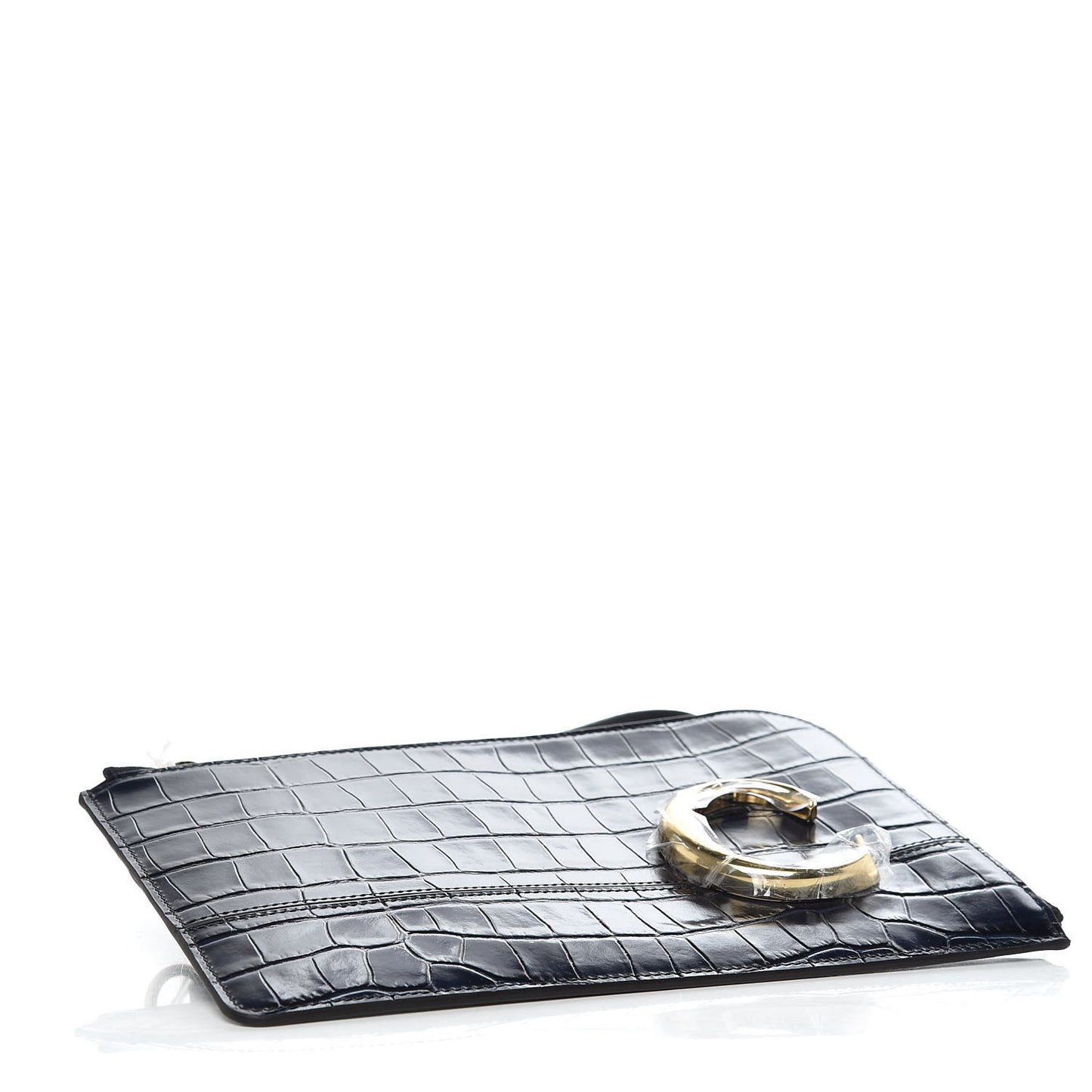 Calfskin Crocodile Embossed C Flat Pouch Full Blue