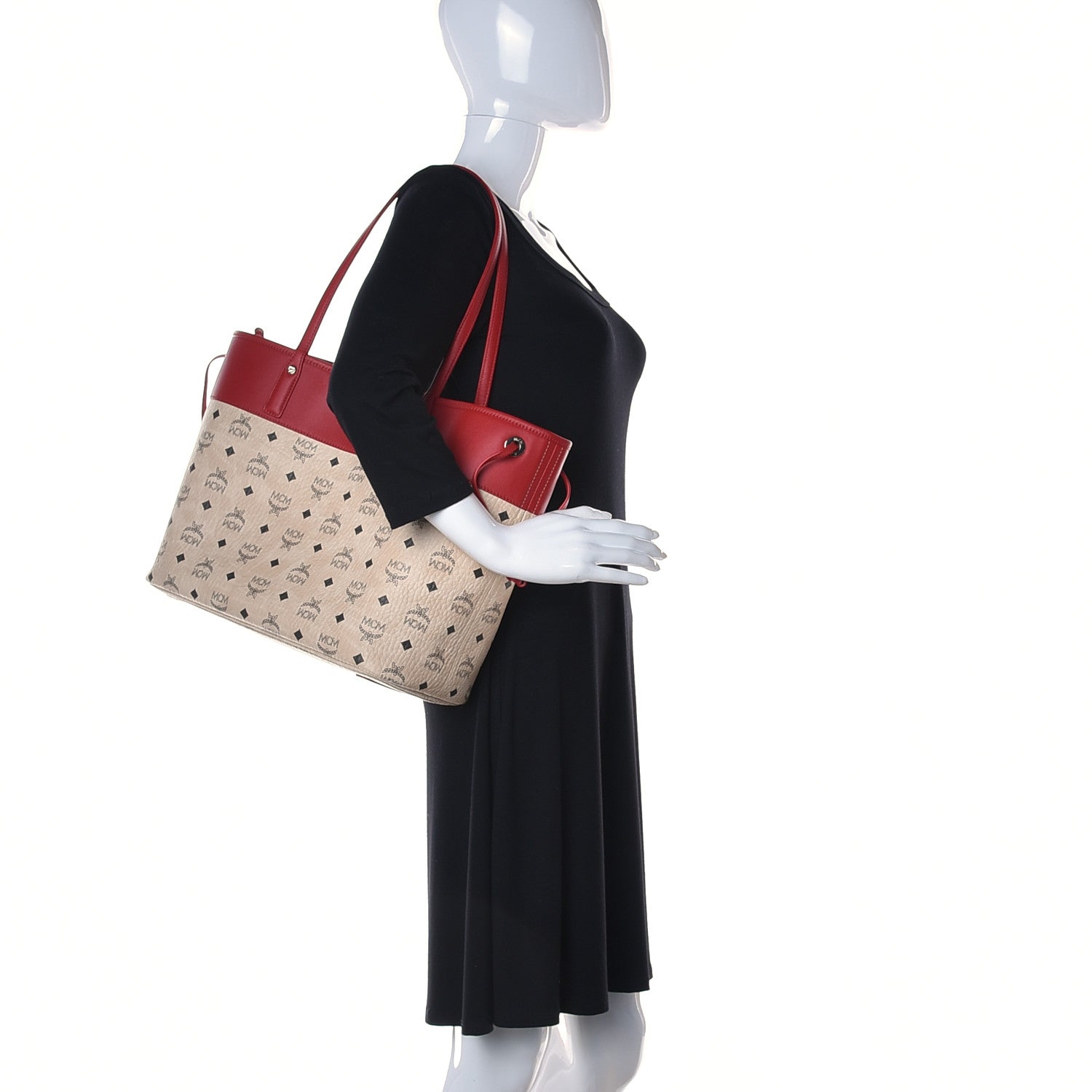 MCM Visetos Shopper Tote Beige Red 2 of 12