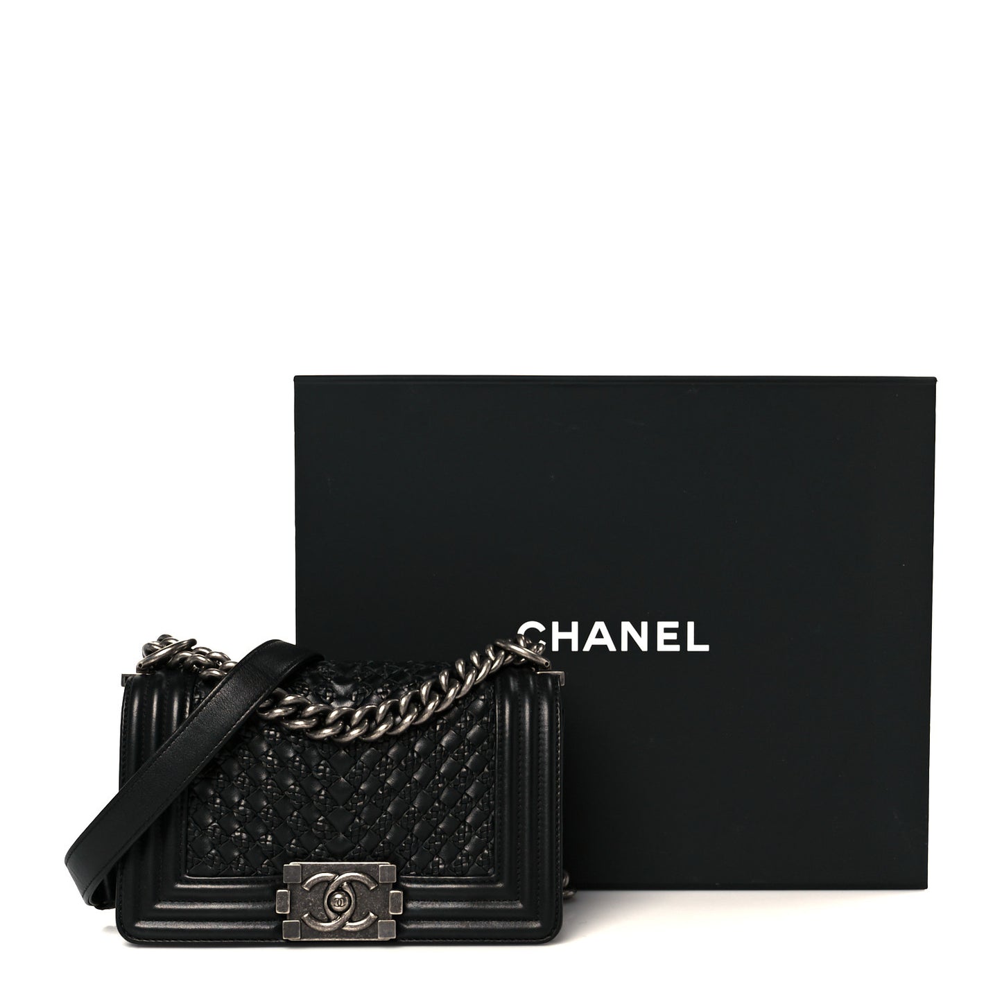 Lambskin Braided Woven Small Boy Flap Black
