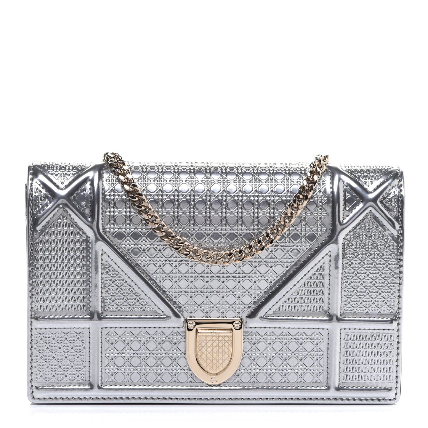 Metallic Patent Micro-Cannage Diorama Wallet on Chain Pouch Silver