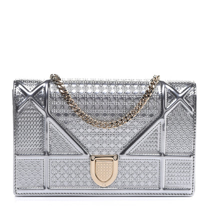 Christian Dior Metallic Patent Micro-Cannage Diorama Wallet on Chain Pouch Silver 1 of 10