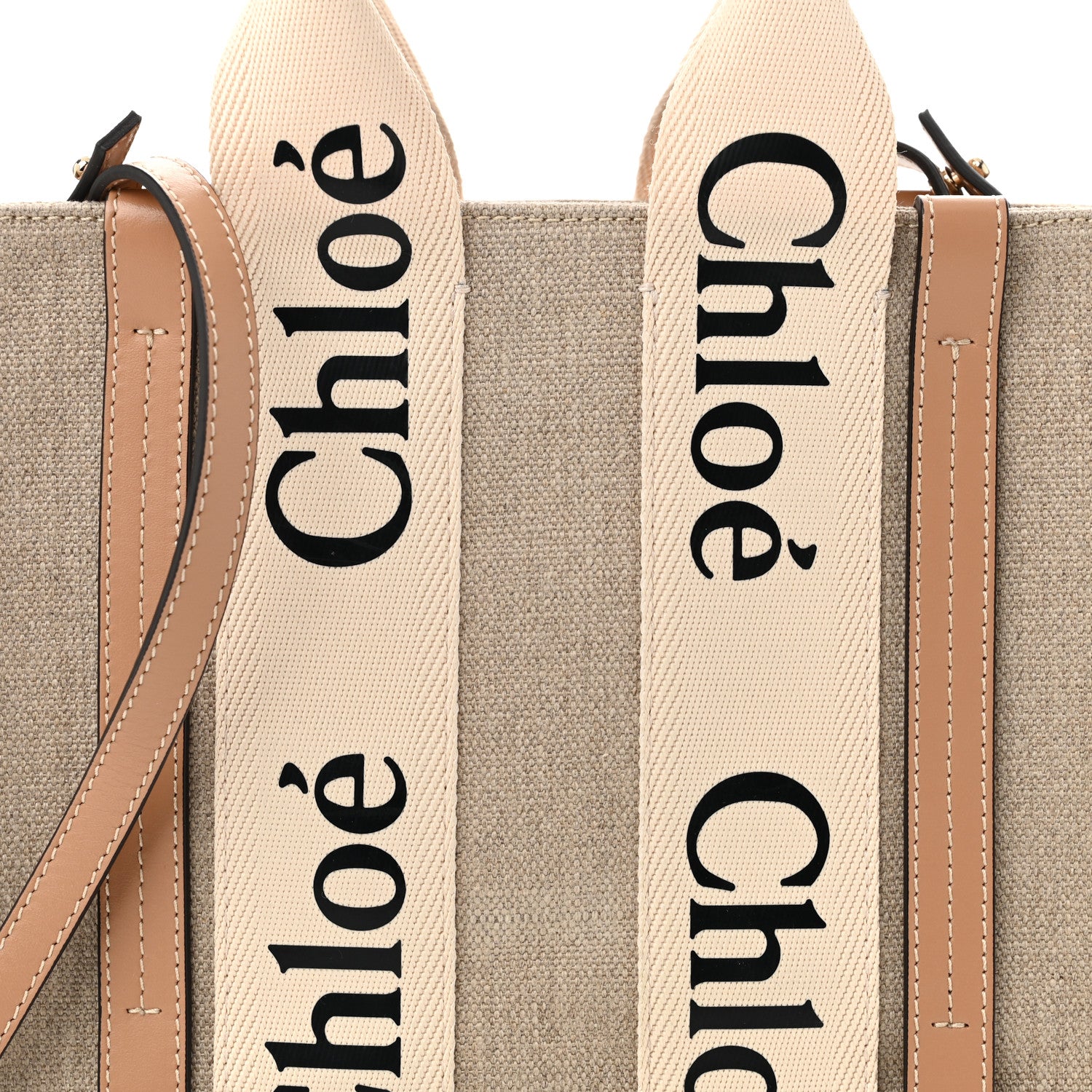 Chloe Linen Calfskin Small Woody Ribbon Tote With Strap White Light Brown 8 of 10