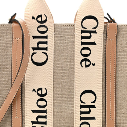 Chloe Linen Calfskin Small Woody Ribbon Tote With Strap White Light Brown 8 of 10