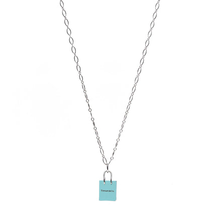 Tiffany Sterling Silver Enamel Shopping Bag Charm Pendant Necklace 1 of 7