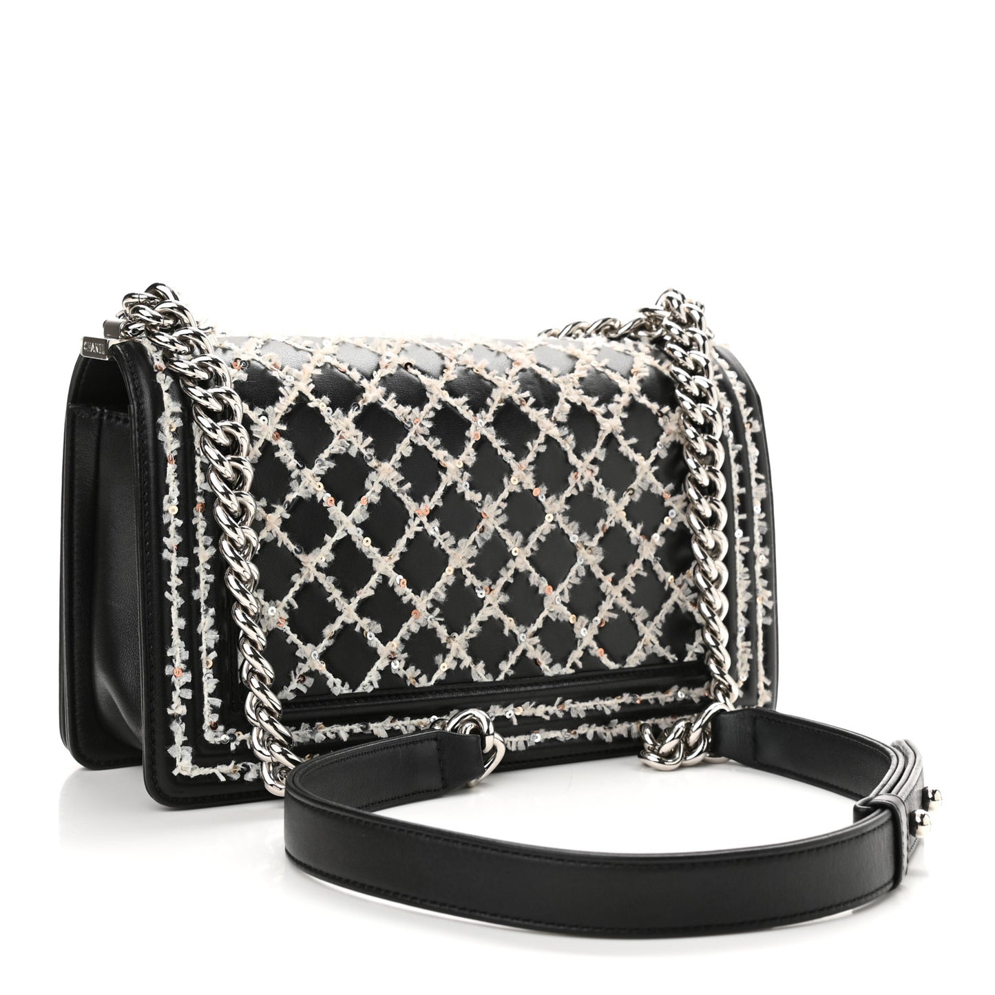 Calfskin Tweed Sequin Stitched Medium Boy Flap Black White