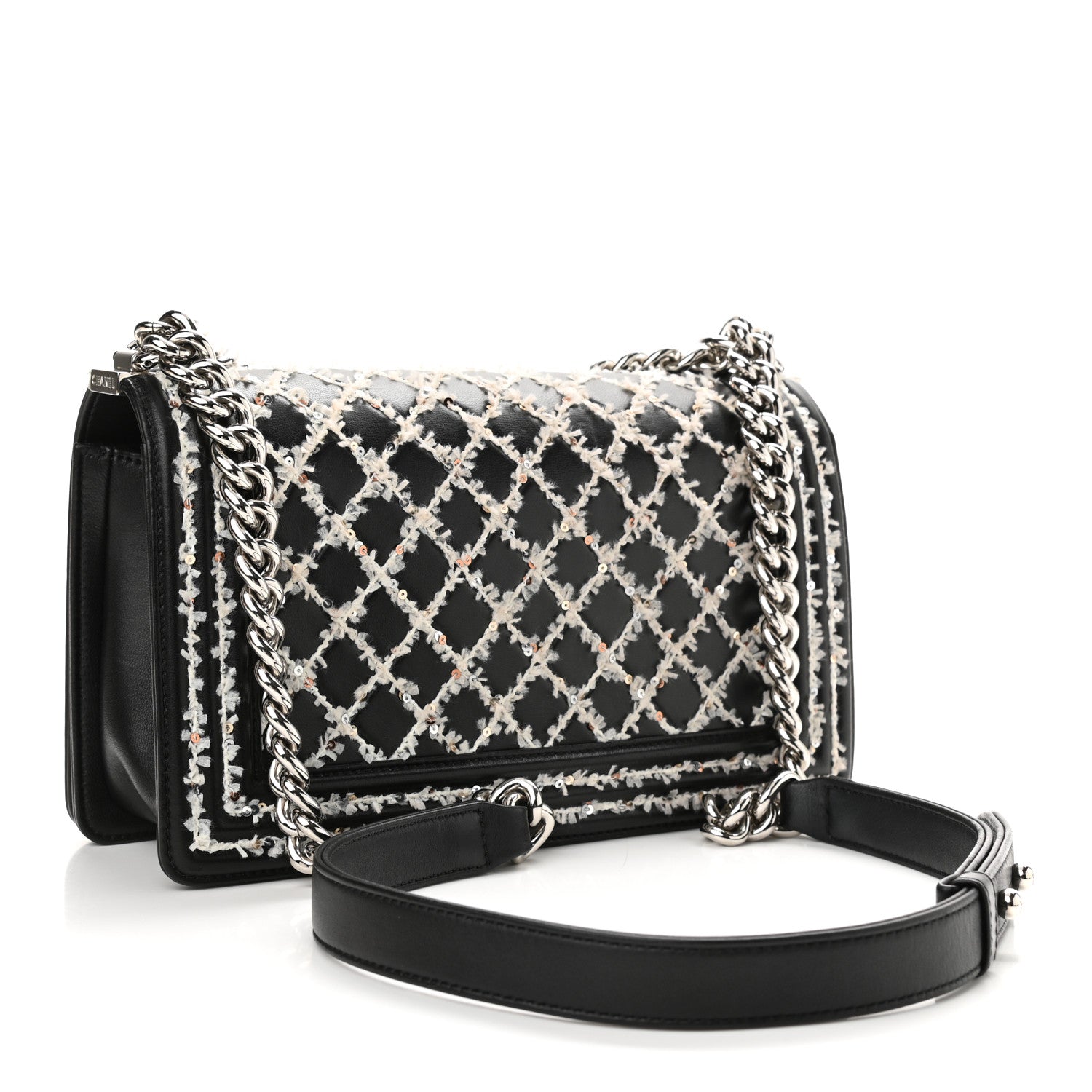 Chanel Calfskin Tweed Sequin Stitched Medium Boy Flap Black White 4 of 10
