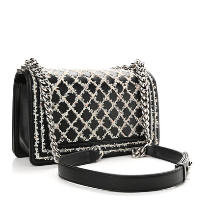 Chanel Calfskin Tweed Sequin Stitched Medium Boy Flap Black White 4 of 10