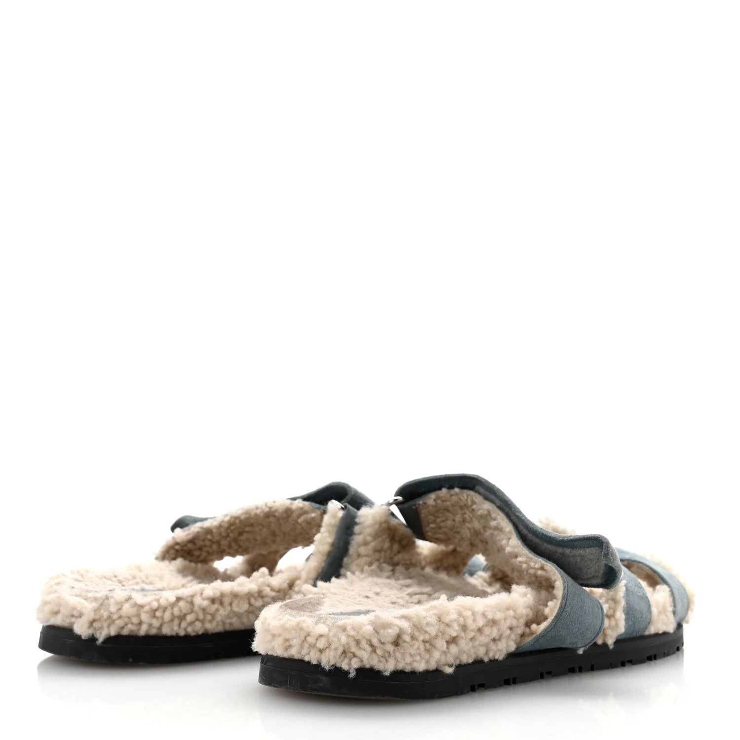 Hermes Suede Goatskin Woolskin Womens Chypre Sandals 38.5 Bleu Pinede Ecru 5 of 9