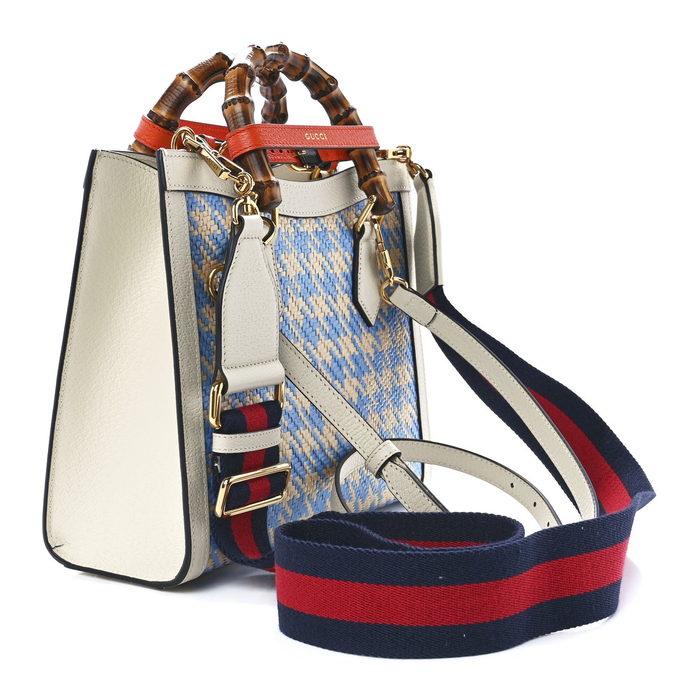 Raffia Textured Dollar Calfskin Web Houndstooth Small Diana Tote Bag Light Blue Natural Deep Orange