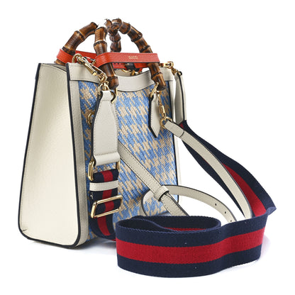 Gucci Raffia Textured Dollar Calfskin Web Houndstooth Small Diana Tote Bag Light Blue Natural Deep Orange 2 of 10