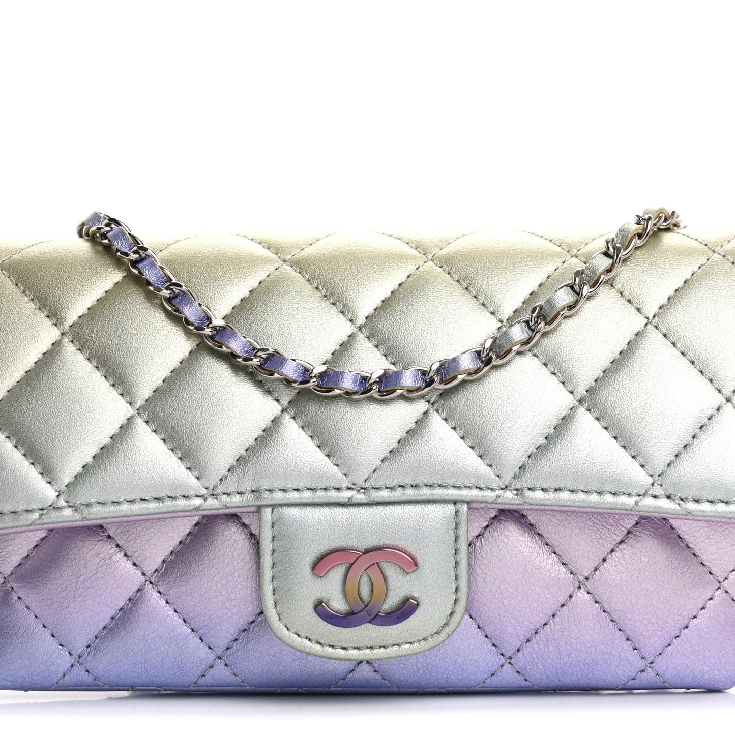 Gradient Metallic Calfskin Quilted Glasses Case With Chain Silver Blue Yellow Purple