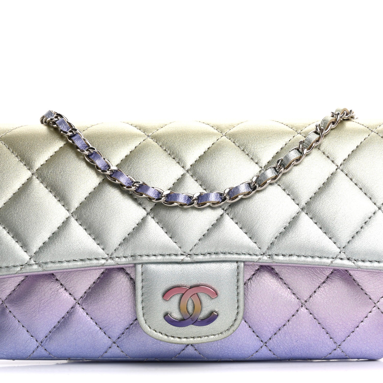 Chanel Gradient Metallic Calfskin Quilted Glasses Case With Chain Silver Blue Yellow Purple 9 of 13
