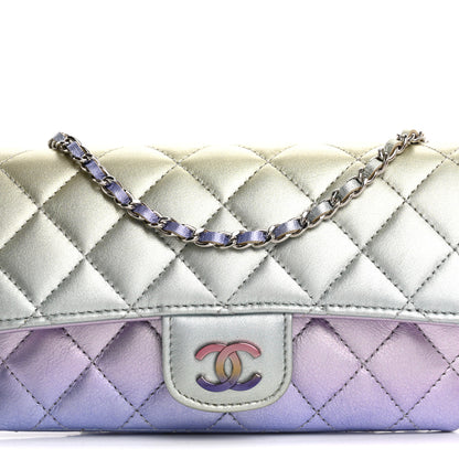 Chanel Gradient Metallic Calfskin Quilted Glasses Case With Chain Silver Blue Yellow Purple 9 of 13