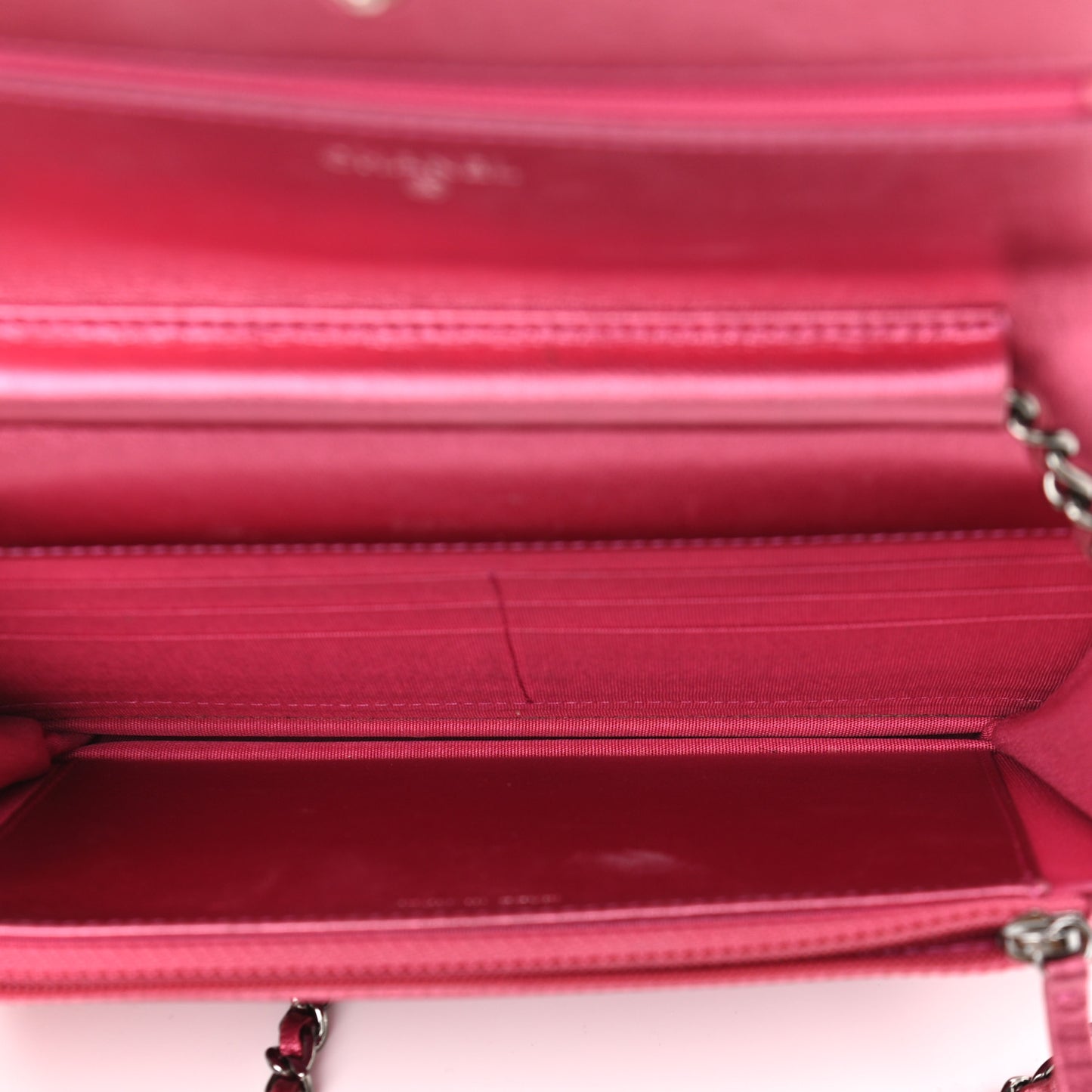 Metallic Patent Calfskin Quilted Boy Wallet On Chain WOC Fuchsia