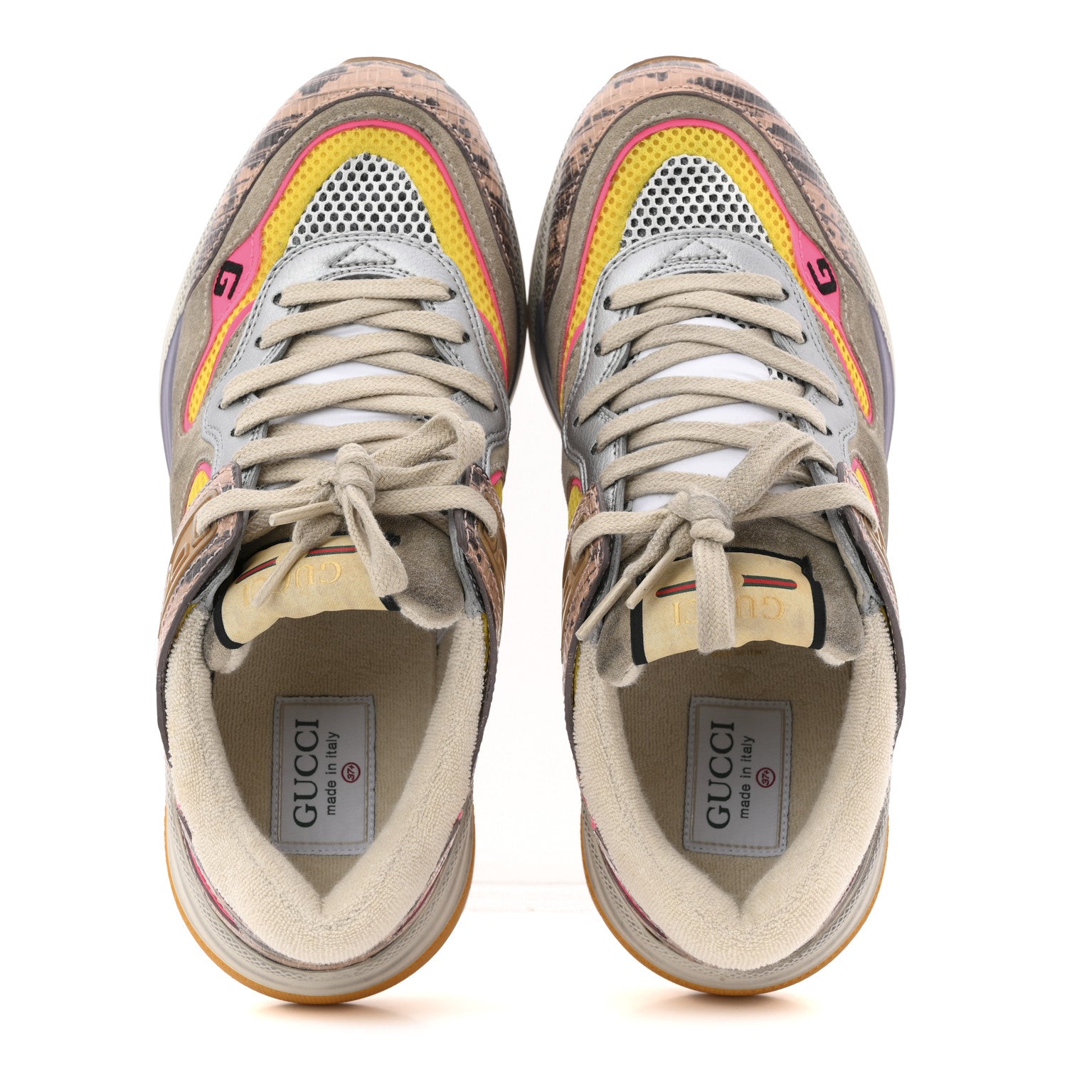 Gucci Suede Calfskin Tejus Printed Womens Ultrapace Sneakers 37.5 Pink Silver Oatmeal Yolk 2 of 12