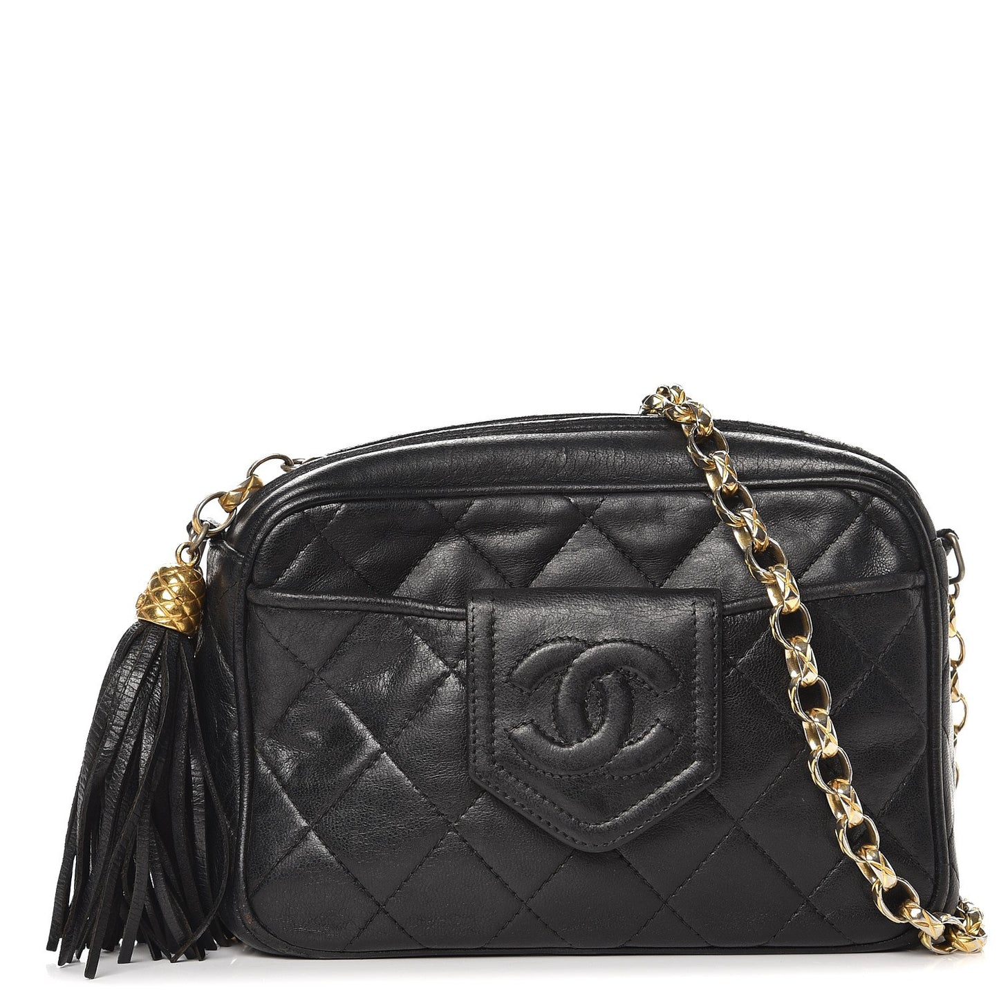 Lambskin Quilted Tassel Camera Case Black