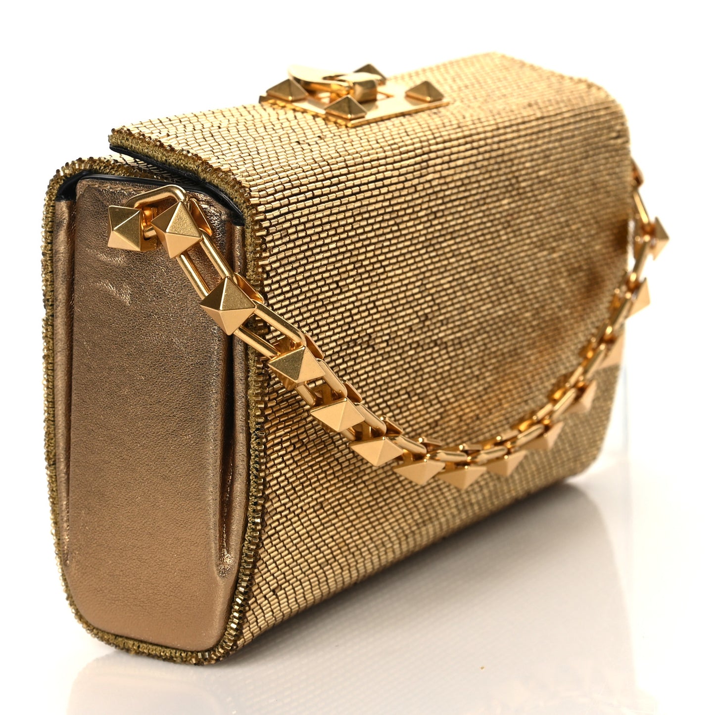 Metallic Calfskin Beaded Rockstud Evening Clutch Antique Bronze